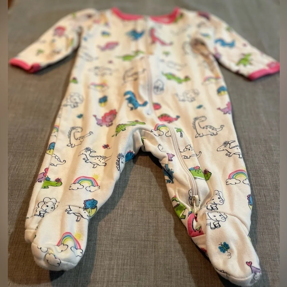 Long sleeve 2-way zip sleeper with dinosaurs and rainbows